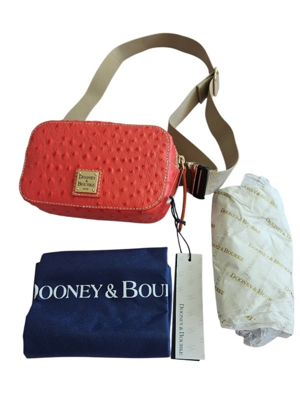 NWT Dooney & Bourke Coral Ostrich Leather Belt & Crossbody  Bag with Tan Strap - Picture 11 of 13